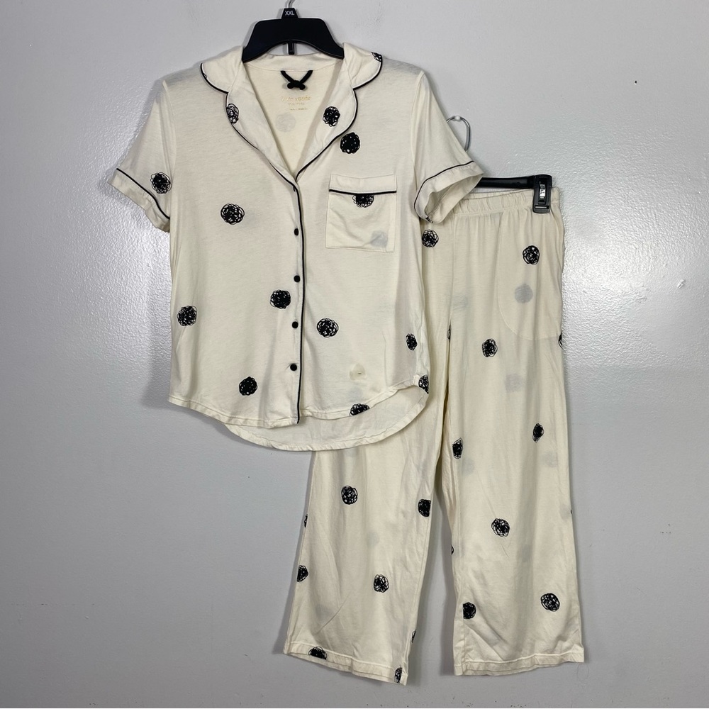 Kate Spade jersey knit pajamas set cream with black scribble polka dots